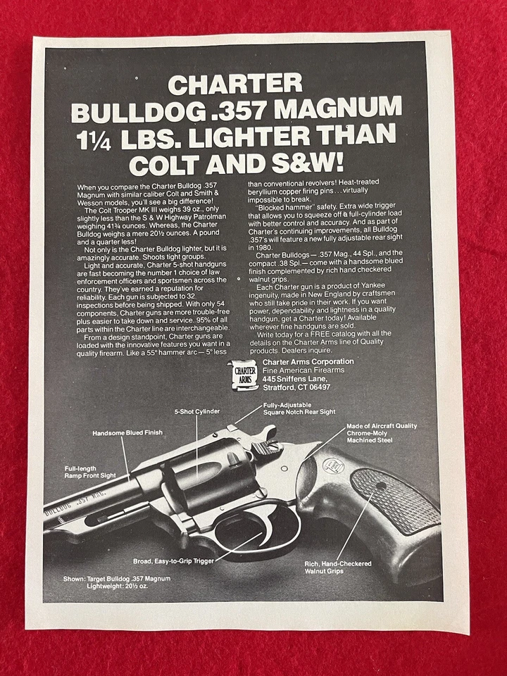 Vintage 1980 Charter Arms .357 Magnum Bulldog Print Ad - Ad Only - Image 1 of 4
