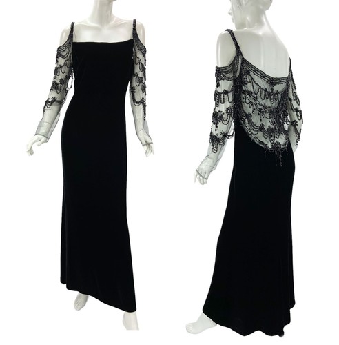 Maxi abito Valentino F W 2003 in velluto nero ispirato anni '20 con perline Gatsby US 8