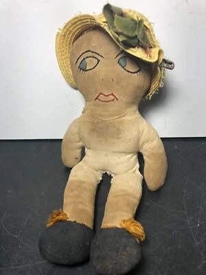 Antique Primitive Folk Art Rag Doll with Straw Hat & Flower - Image 1 of 4