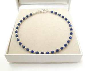 lapis lazuli natural beads silver bracelet bangle blue gemstone sterling 925 men - Picture 1 of 4