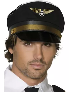 Herren Pilotenhut schwarz gold Borte Flieger Kapitän Halloween Kostüm groß Erwachsene NEU - Bild 1 von 1