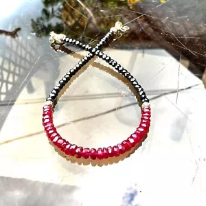 Natural Black Spinel Ruby Bracelet Solid 14k Yellow Gold , 7.08" - 7.4" - Picture 1 of 12