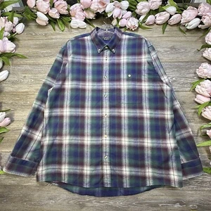 Vintage Flannel Button Down Shirt Extra Large XL Men’s Plaid Blue Trader Bay - Picture 1 of 13