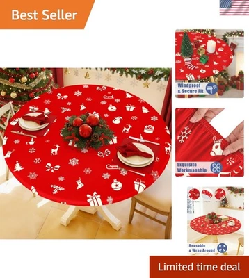 Funda de mesa redonda elástica lavable para Navidad, 36"-44" con patrón de copo de nieve Foto 1 de 4