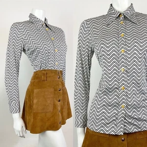VINTAGE 60s 70s WHITE BLACK ZIG-ZAG CHAIN-LINK GEOMETRIC MOD DAGGER SHIRT 12 - Picture 1 of 9