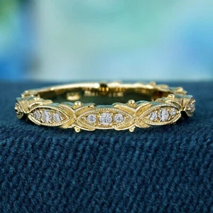 9K Yellow Gold Natural Diamond Vintage Style Band Ring - Picture 1 of 8