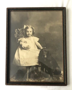Victorian Little Girl w Cocker Spaniel Dog + Doll Antique Framed Photo 17" x 13" - Picture 1 of 13