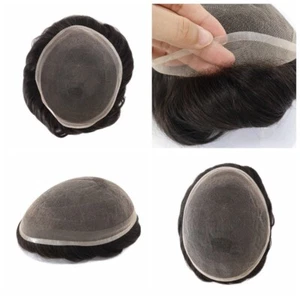 Mens Toupee French Lace Human Hair Replecement System Off Black Hairpieces #1B - Picture 1 of 25