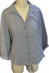 ANNE KLEIN Blue chambray dotted swiss Blouse w/ tie front size L bust 42 - Picture 1 of 2