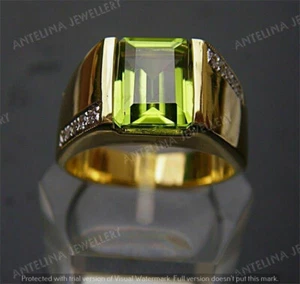 3 Ct Emerald Cut Peridot & Diamond Engagement Men's Ring 14K Yellow Gold Finish - Picture 1 of 8