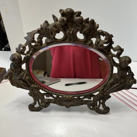 Antique Bronze Art Deco Vanity Beveled Mirror w/ Cherub Angels. Bronze Stand Cover