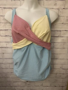 Lands’ End 24W Blue Red Seersucker V Neck Wrap Tankini Swimsuit Top Slimming - Picture 1 of 8