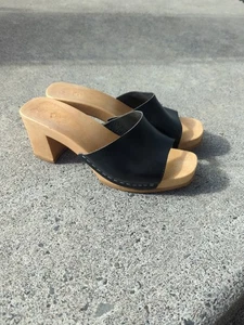 Retro 70's Vintage Clogs Black Leather Collection Size 9 / 40 Shoes Sandals Y2K - Picture 1 of 10