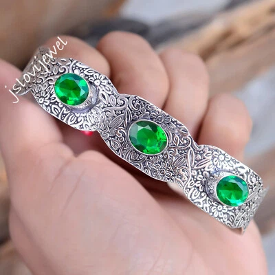 Chrome Diopside Gemstone 925 Sterling Silver Cuff Bangle Beautiful Gift Jewelry - Image 1 of 4