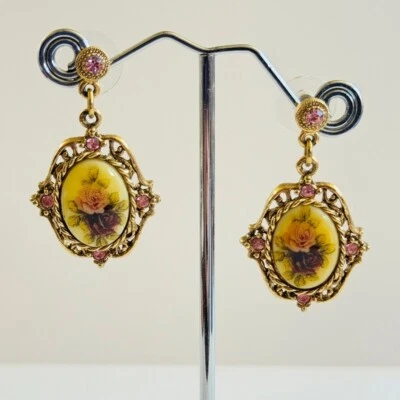 Pendientes colgantes de colección 1928 Co perforados oro rosa estrás rosas real victoriano Foto 1 de 4