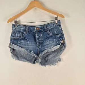 One teaspoon womens denim shorts 26 blue bandits cotton long rise button 111982 - Picture 1 of 11