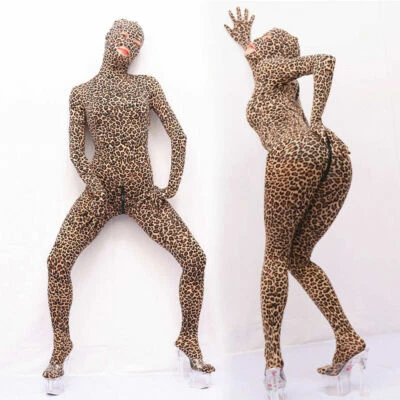 Mujeres Leopardo Cremallera Zentai Fiesta Disfraz Body con Guantes Anti-Gancho Capucha Foto 1 de 4