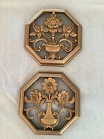 Pair Of 2 Vintage SYROCO Gold Tone Floral Octagonal Wall Hangings