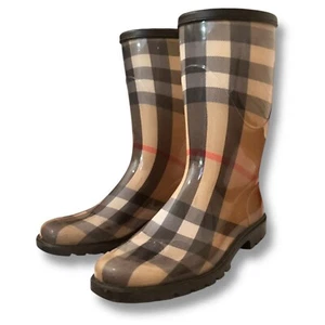Auth BURBERRY Rain Boots Shoes Nova Check Plaid Rubber Mid-Calf Made in Italy 38 - Picture 1 of 15