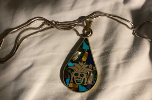 VINTAGE STERLING SILVER & MOSAIC INLAY NECKLACE PENDANT w 28” Chain - Picture 1 of 3