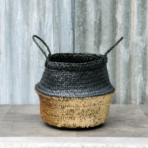 Black Sequin Belly Basket Small Gold Sequin Seagrass Planter Toy Laundry Basket - Picture 1 of 2