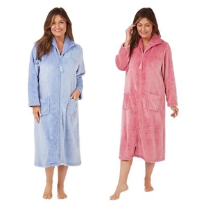 Ladies Embossed Zip Through Front Fleece Housecoat Dressing Gown Robe Size 8-26 - Picture 1 of 10