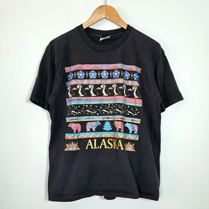 Vintage Alaska Gildan Shirt Made in USA Black Faded Bears Puffin Orca 90s - Picture 1 of 9