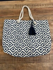 Tote Purse Beach Bag Natural Cream Blue Tassel Lightweight Lined Double Rope Han - Picture 1 of 7