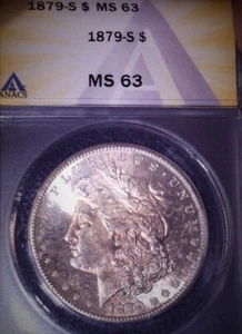 1879-S Morgan Silver Dollar, ANACS MS63. Beautiful Toning and Issue Free - Picture 1 of 2