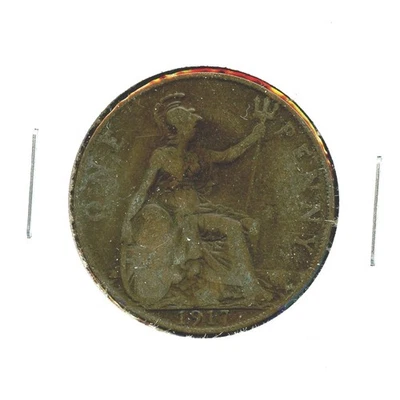 1917 Inglês One Penny Grã-Bretanha #64 King George V centavo de bronze 1c Inglaterra Reino Unido - Imagem 1 de 3