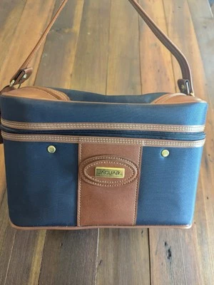 Bolso de Viaje Jaguar Vintage Azul Marino Marrón Cuero Borde Bolsillos con Espejo Interior Foto 1 de 4