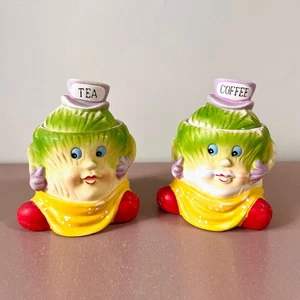 Juego de latas de café y té de cerámica vintage antropomórficas Kapusta repollo en sombrero - Imagen 1 de 8