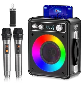Portable Karaoke Machine w/ 2 Wireless Mics, LED Speaker, USB/TF/FM/AUX, T-03 - Picture 1 of 7