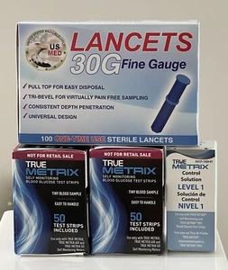TRUE Metrix Glucose 100 Test Strips & 100 Lancets & Contrrol Solution Exp2024 Se - Picture 1 of 4