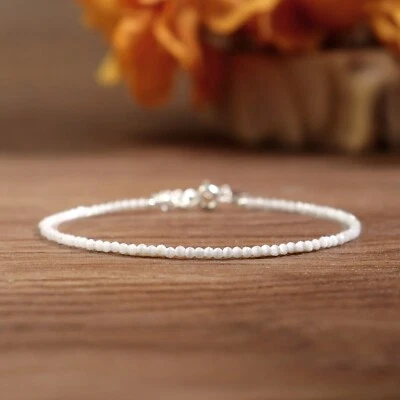 Natural Selenite 2mm Beads Dainty Minimalist Healing Bracelet in Sterling Silver - Image 1 of 2
