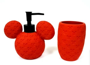 2 PC RESIN RED LOGO 3D MICKY,MINNIE MOUSE DISNEY SPHERE SOAP DISPENSER & TUMBLER - Picture 1 of 4