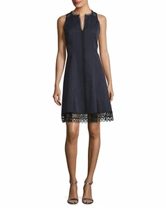 NWT Elie Tahari LOZ Lace Trim Sleeveless A-Line Dress in Navy Blue Size 10 - Picture 1 of 8