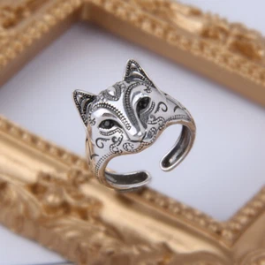 Fox Face Mask Ring Thai Silver Animal Open Ring Adjustable Size for Women - Picture 1 of 8