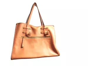 Laggo Siena Handbag Purse Tote Pebbled Peach Leather Gold Studs Marks Inside - Picture 1 of 5