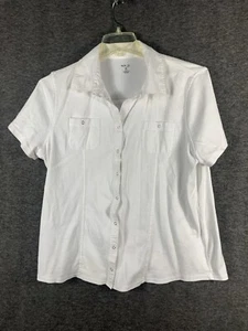 Denim & Co. Women's Short Sleeve Striped White Pearl Snap Buttons 2X - Picture 1 of 10