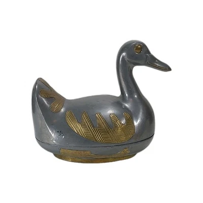 Vintage Etched Pewter with Brass Duck Covered Trinket Dish 5" x 6" Hong Kong - Image 1 of 4