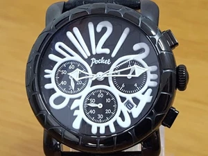 Mens Leather XXL Black Croc Retro Pop-Art Chrono Pocket Watch PK3019 NEW - Picture 1 of 10