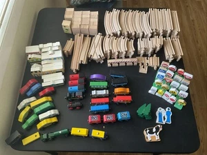 EUC Huge Lot 200+ Melissa & Doug Wooden Railway Train Track Cars Buildings Signs - Picture 1 of 8