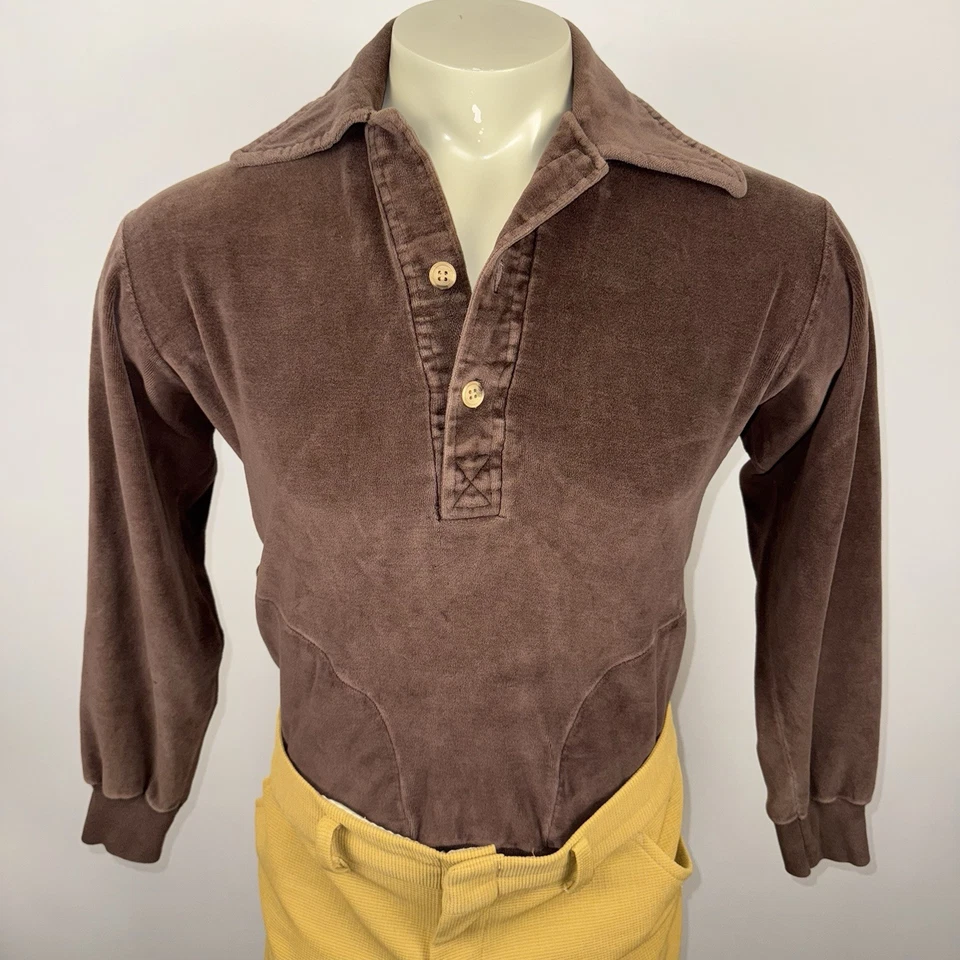复古丝绒衬衫男式迪斯科嬉皮士伍德斯托克溜冰鞋 70 年代 80 年代柔软棕色中号 — 第 1/4 张图片