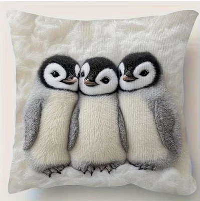 FUNDA ALMOHADA TIRAR - Diseño Estampado Pingüino Rey Joven - Poliéster Blanco, Cremallera Foto 1 de 2