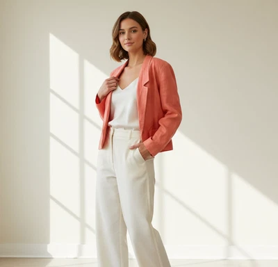 Blazer Vintage Años 80 Liz Claiborne Lino Recortado Talla Pequeña 8 Coral Preppy Artístico Foto 1 de 4