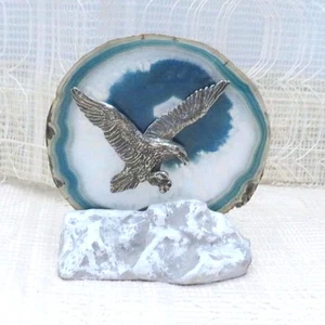 Vintage Tea Light Holder with Blue Agate Geode & Pewter Eagle Americana Souvenir - Picture 1 of 7