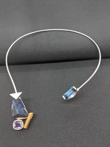 Halsreif, Stahl Silber Gold, Lapis, Amethyst, FLAMERE Design - Edle Träumereien - Picture 1 of 5