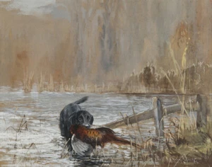 Reuben Ward Binks Black Labrador With Pheasant Canvas Print 16 x 20 - Picture 1 of 4