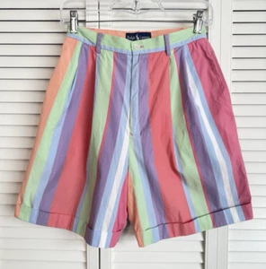 VTG 90s Ralph Lauren Bermuda Shorts Size 6 Pastel Stripe Pleated High Rise Cuffs - Picture 1 of 12